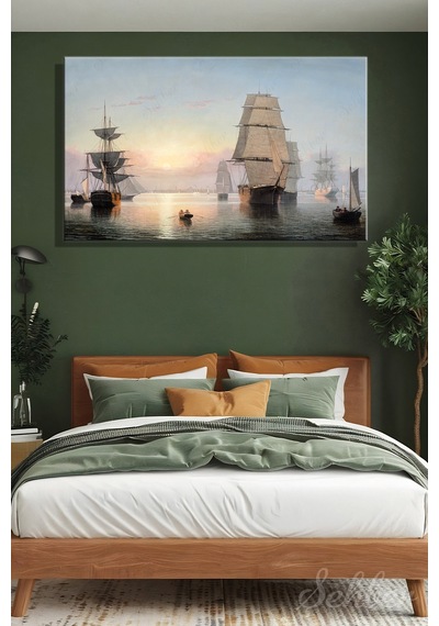 Fitz Henry Lane'in Ünlü "boston Harbor, Sunset" Adlı Tablosu Yatay Kanvas Tablo Tekli 3734 Çok Renkli