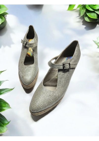 Dolgu Topuk Hasır Tokalı Balerin Espadril Altın