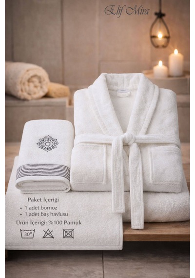 Tek Kişilik Banyo Havlulu Bornoz Seti Pamuklu Bukle Şalyaka Nuvia Beyaz-gri