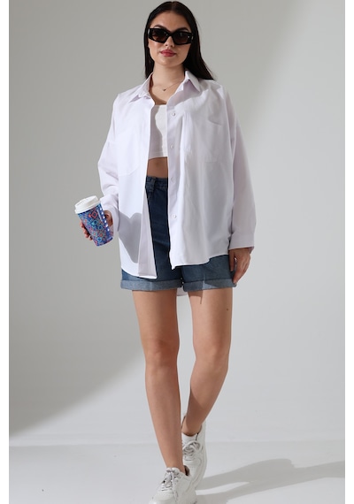 Gömlekçiniz Oversize Poplin Kumaş Çift Cepli Kadın Tunik Gömlek