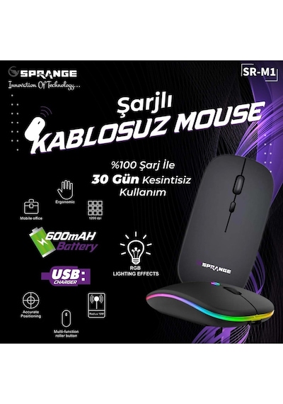 Sr M1 Şarjlı Kablosuz Bluetooth Usb 2.4 Ghz Mouse 800/1200/1600 Dpı, Rgb Led, Type C Çok Renkli