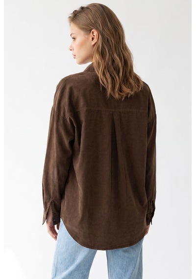 Mixray 4963 Kadın Tencel Kumaş Oversize Cepli Uzun Kollu Gömlek Kahve