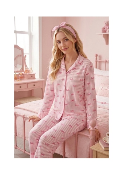 Fit Women Pembe Çizgili Kurdele Desenli Bürümçük Kumaş Uzun Kollu Pijama Takımı 6069 Fit Women Pembe Çizgili Kurdele Desenli Bürümçük Kumaş Uzun Kollu Pijama Takımı 6069