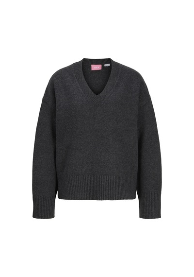 Jack & Jones Kadin Wide Fit V Yaka Triko Kazak - Elsa - 12301418 Dark Grey Melange