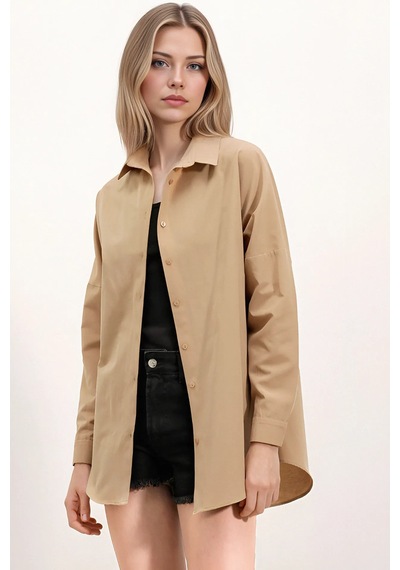 Hiccup Bdart Oversize Uzun Kollu Poplin Gömlek Taba Doğal