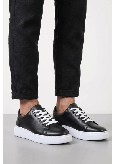 Papuçcity Pisagor Ps-581 Erkek Hakiki Deri Sneakers Spor Ayakkkabı Siyah - Beyaz