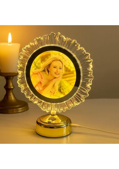 Abajur Yatak Odası İçin Led Işıklı Fotoğraflı Çerçeve Kristal Yuvarlak Kişiye Özel Resimli Abajür Altın