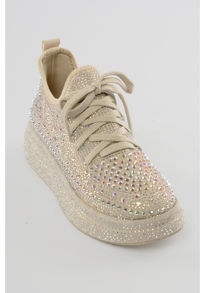 Mubiano Kadın Sneaker Taş Detaylı Kalın Tabanlı Diamond Bej Bej