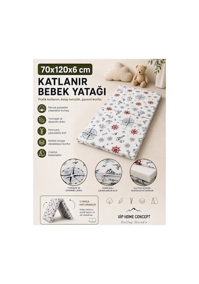 Katlanır Çocuk Yatağı Sünger Yer Yatağı Oyun Minderi Taşınabilir 70x120x6 Cm-marin 70 x 120 CM