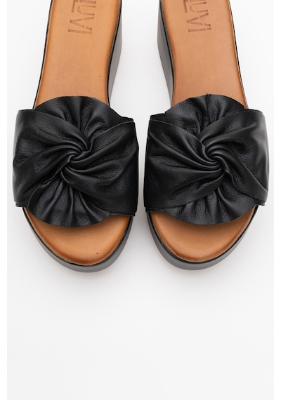 Luvishoes Luvi Shoes Jeff Siyah Cilt Hakiki Deri Fiyonklu Kadın Dolgu Topuklu Terlik Siyah