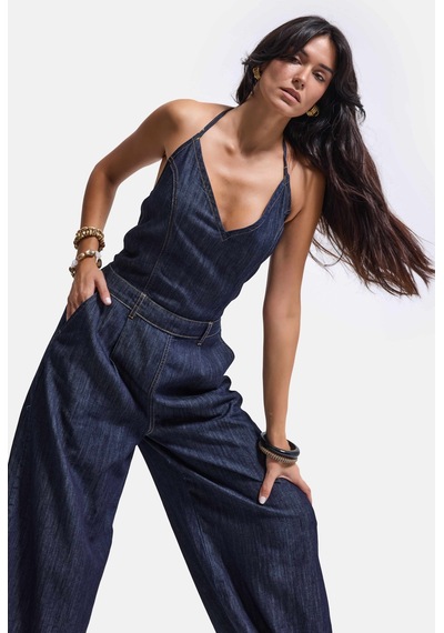 Kadın 7w6-50 Boyundan Askılı %100 Koton Denim Tulum Lacivert