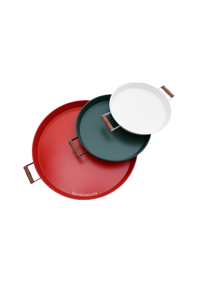 Kitchen Trend 3 Lü Ahşap Kulplu Metal Tepsi Çay Tepsisi Kahve Tepsisi Sunum Tepsi Seti Kırmızı,yeşi