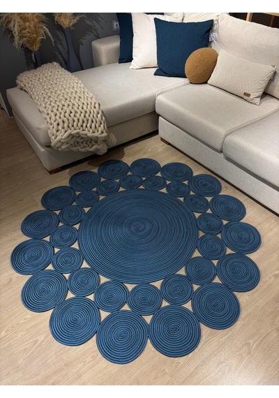 Mavaux Papatya Hasır Jüt Çiçek Desenli Kilim Halı Mavi