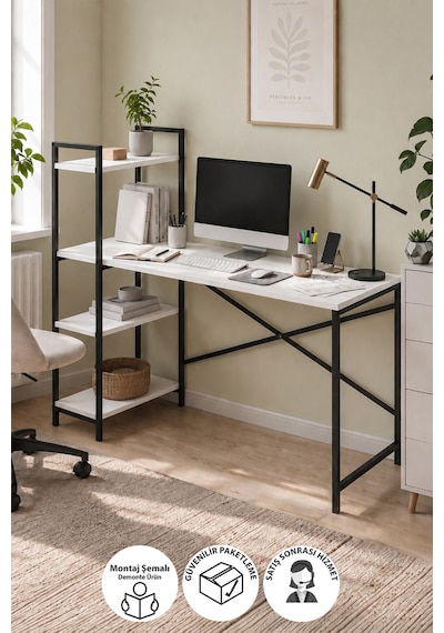 120x55 Cm Raflı Çalışma Masası Bilgisayar Masası Ofis Masası Ders Masası Cervantes Beyaz