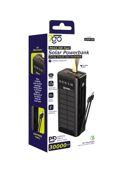 7go Gpw-09 30000mah Güneş Enerjili Powerbank Pd 22.5w Hızlı Şarj Dahili Type-c & Lightning Kablo Siyah