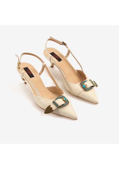Rouge Kadın Taşlı Toka Detaylı Slingback Sivri Burun 6cm Topuklu Ayakkabı 7124 Bej