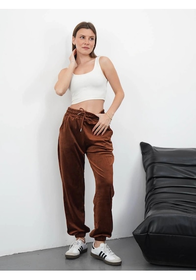 Paça Lastikli Kadife Eşofman Kahve Md34 Kahve