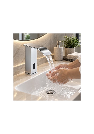 Rena Design Fotoselli Sensörlü Krom Kare Lavabo Bataryasi Temassiz Otomatik Tasarruflu Modern Musluk