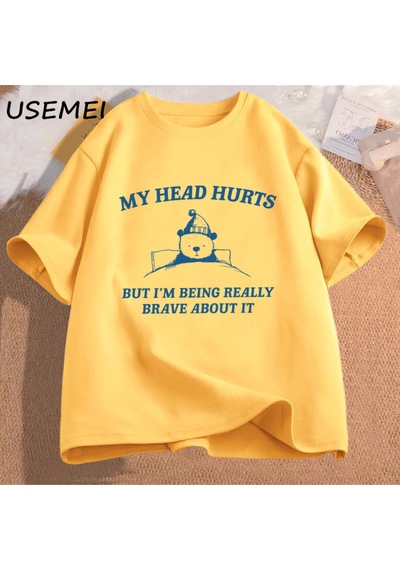 Flood Of Style Kafam Acıyor Ama Bu Konuda Gerçekten Cesur Oluyorum T Shirt Kadın Nedensel Kafa Acıyor Pamuk Sarı