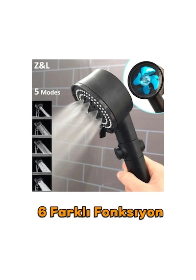 Turbo Fan Pervaneli 5 Fonksiyonlu Star Stop Su Tasarruflu Duş Başlığı Pervaneli Turbo El Duşu Siyah Çok Renkli