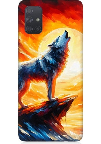 Samsung Galaxy A51 Uyumlu Kayalıkta Uluyan Kurt Yalnızlığı Desenli Silikon Kılıf Çok Renkli