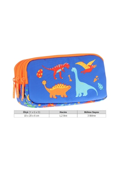 Kaukko Kids Turuncu Mavi, Dinazorlar Temalı, Erkek Çocuk Üç Bölmeli Kalemlik/kalem Çantası - L8278 Mavi - Turuncu