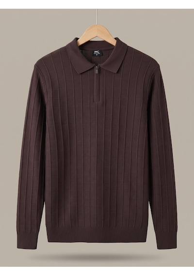 Maccali Erkek Koyu Kahve Fitil Detaylı Fermuarlı Polo Yaka Triko Sweatshirt