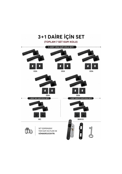 Lama Kare Rozetli Kapı Kolu 7'li Kapı Kolu Ve 40mm Sessiz Kilit Set 3+1 Daire Için Geçerli Siyah