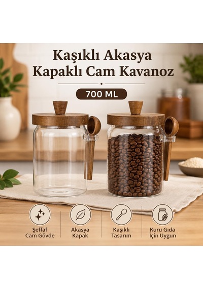 2'li Kaşıklı Akasya Kapaklı Cam Kavanoz Seti 700 Ml Erzak Saklama Çok Renkli