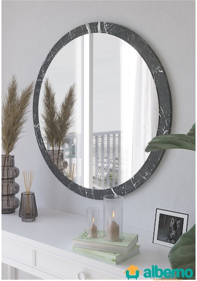 Usta Mekan Siyah Mermer Ahşap Dekoratif Yuvarlak Antre Koridor Duvar Banyo Wc Ofis Aynası 42 Cm