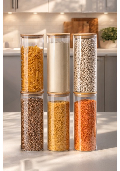 Porsima 4-3 Bambu Vakumlu Kapaklı Yuvarlak Borosilikat Cam 6lı Kavanoz Seti Saklama Kabı 2100ml 10x30cm Cam - Şeffaf