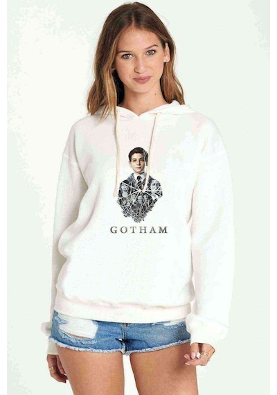 Gotham Baskılı Beyaz Kadın Kapşonlu Sweatshirt