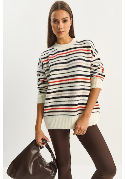 Shade Kadın Bisiklet Yaka Çizgili Oversize Triko Kazak 2524 60283680 - Krem