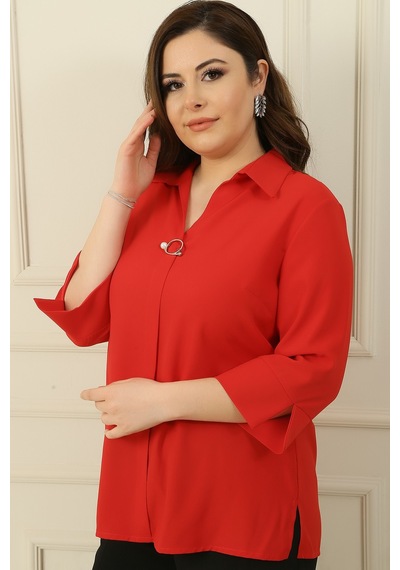 By Saygı Polo Yaka Çeyrek Kol Büyük Beden Bluz Kırmızı