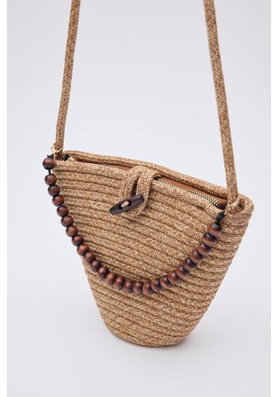 Shule Bags Piccolo Handmade Boncuk Detaylı Hasır Çanta Vizon Vizon