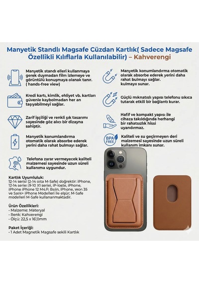 Manyetik Standlı Magsafe Cüzdan Kartlık Sadece Magsafe Özellikli Kılıflarla Kullanılabilir Kahverengi Zebana