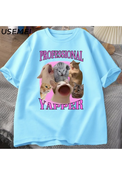 Flood Of Style Professional Yapper Cat Graphic T Shirts Women Men Cotton Short Sleeve T-shirts Casual O Neck Mavi