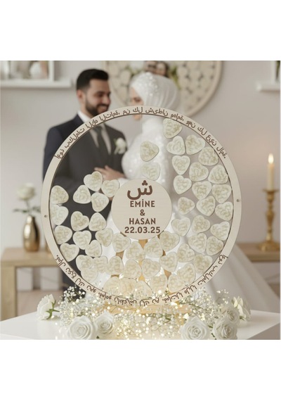 Evlilik Sepetim Düğün-nişan Şeffah Pleksi Nazar Duası İşlemeli 50 Cm Yuvarlak Misafir-hatıra Anı Defteri-kutusu + Şövale Ve Kalem Hediyeli