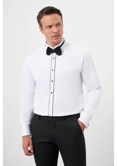 Morven Erkek Siyah Biyeli Düz Desen Ata Yaka Slim Fit Gömlek Siyah