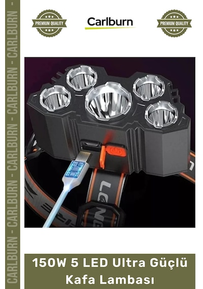 Kafalambası Şarjlı Kamp Avcılık Dağcılık Outdoor Yüksek Lümen 150w 5 Led Ultra Güçlü Kafa Lambası Çok Renkli