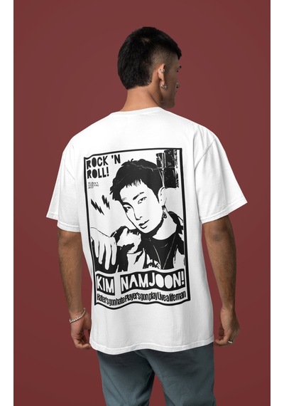Sevbano Rock In Roll Kim Namjoon Rapper Sırt Baskılı Unisex Oversize Şark Beyaz