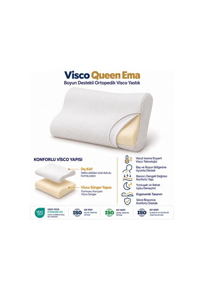 Homedius Visco Queen Ema Boyun Destekli Ortopedik Visco Yastık 55x35x12 Cm 2'li Beyaz