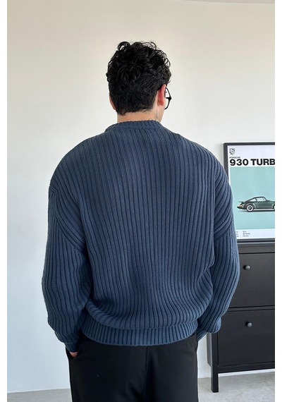 İndigo Bisiklet Yaka Fitilli Oversize Triko Kazak İndigo