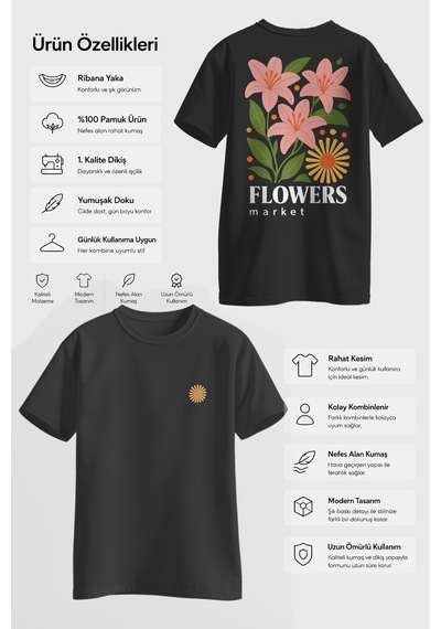 Spoyi Flower Market Tasarımlı %100 Pamuk Yarım Oversize Siyah T-shirt