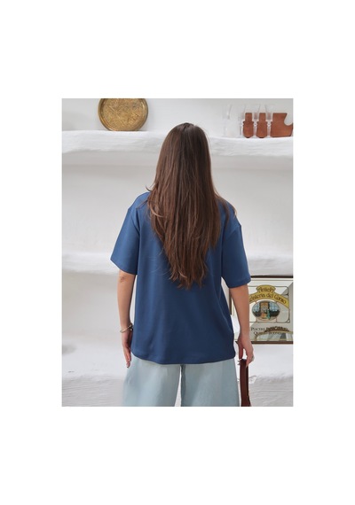 Paw Garage Kadın Mia İnterlok Kumaş Bisiklet Yaka Oversize T-shirt Mavı