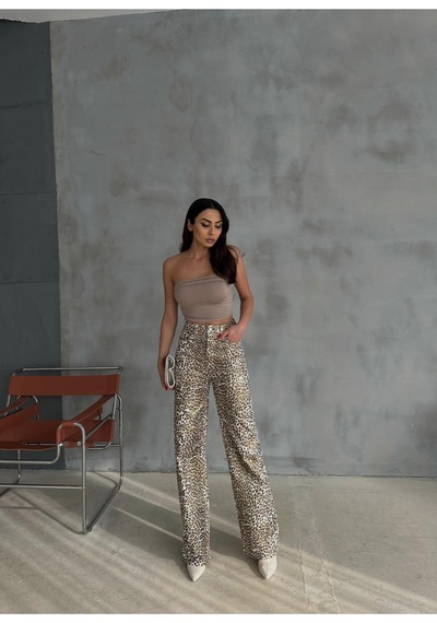 Zeo Basic Gold Leopar Desenli Varak Baskılı Geniş Paça Pantolon Gold-leopar