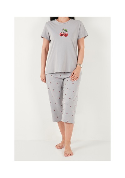 Lela Desenli Pamuklu Bisiklet Yaka Kaprili Pijama Takımı Bayan Pijama Takımı 65790787 Gri