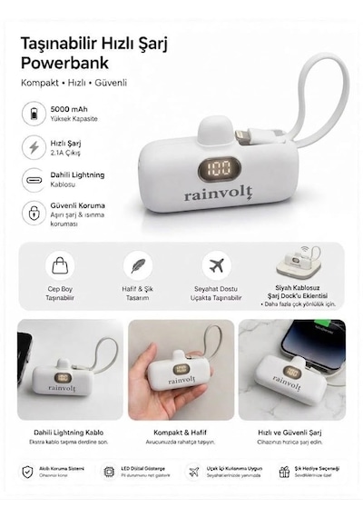 Rainvolt Mini Kapsül Powerbank Led Dijital Göstergeli & Dahili Kablolu Taşınabilir Şarj Cihazı Beyaz