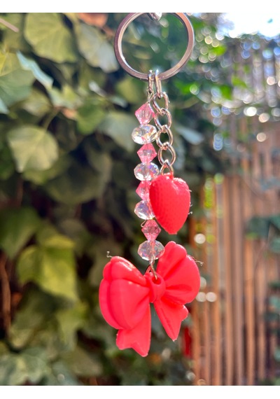 Pembe Fiyonk Ve Kalp Detaylı Kristal Boncuklu Charm / Lüks Çanta Süsü Pembe - Beyaz