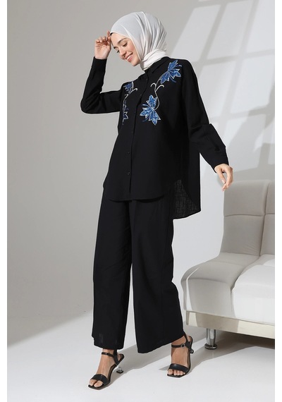 Mihran Butik 100% Pamuk Keten Günlük Ve Rahat Çiçek Desen Nakışlı Pullu Gömlek Pantolon Yazlık Alt Üst Takım Siyah Mihran Butik 100% Pamuk Keten Günlük Ve Rahat Çiçek Desen Nakışlı Pullu Gömlek Pantolon Yazlık Alt Üst Takım Siyah